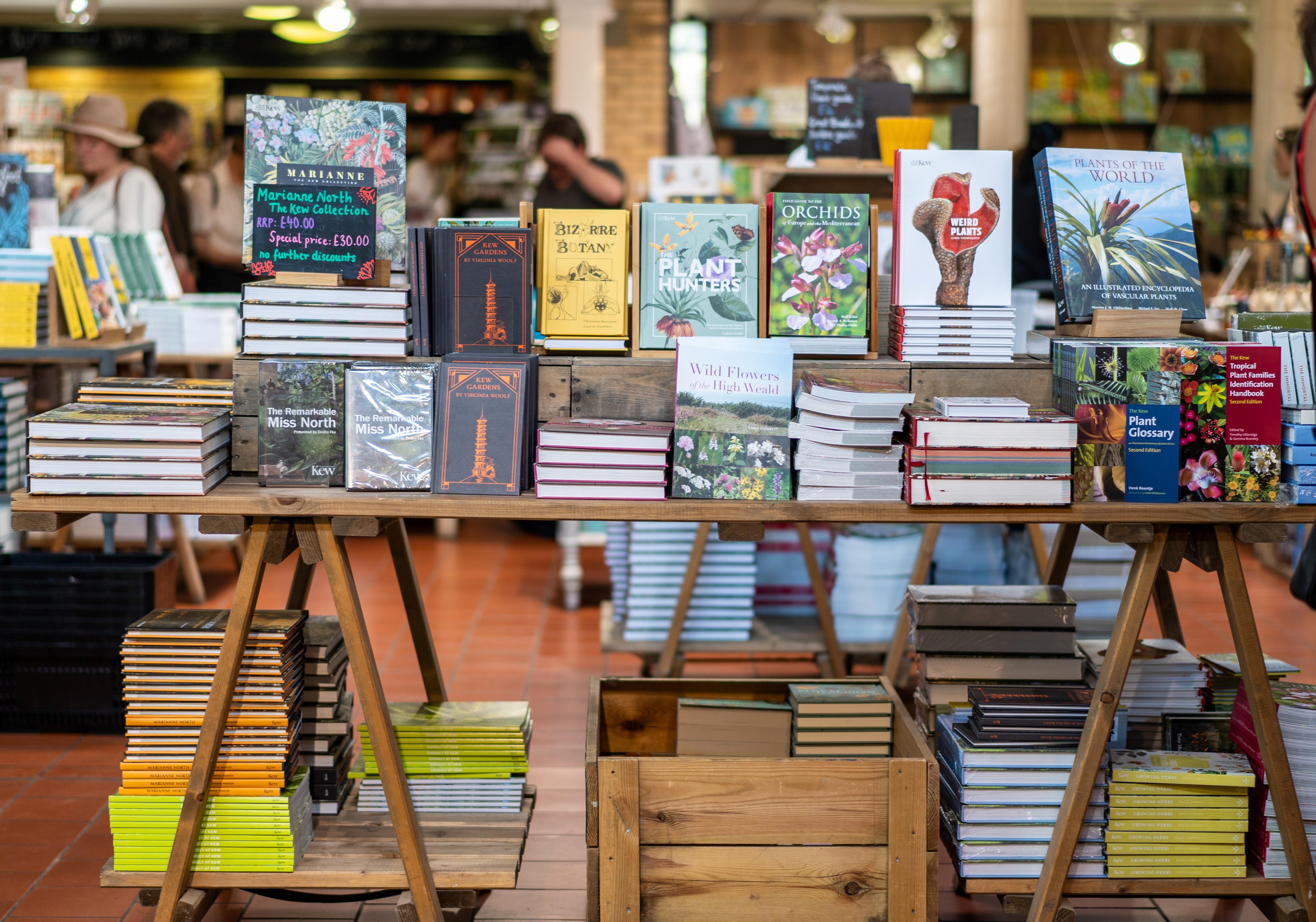 Photograph. A lot of different books on shelves and tables. The quantity of each book and how it is displayed varies.