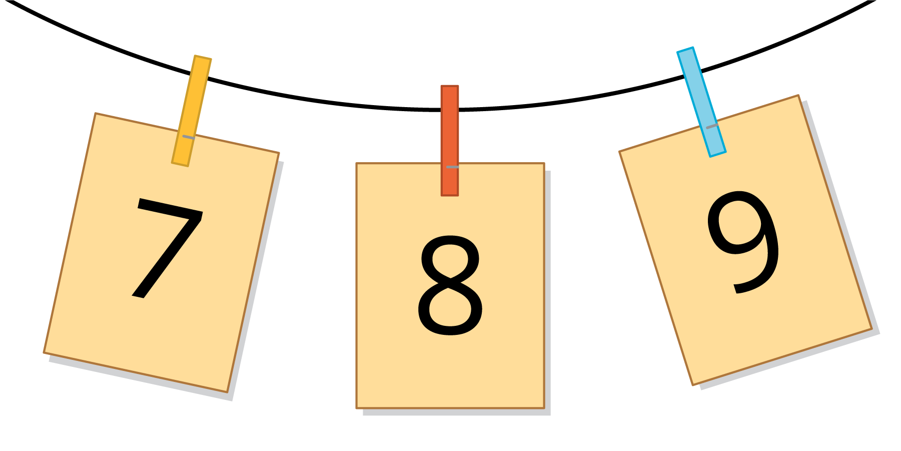 A clothesline with the numbers 7, 8, and 9 hanging on it.
