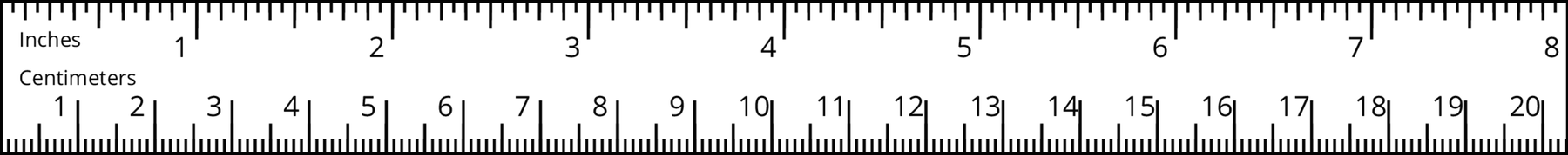 Image of a ruler. Top, inches. Scale 0 to 8, by 1's. Bottom, centimeters. Scale 0 to 20, by 1's.