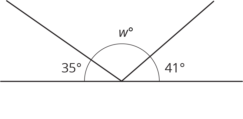 Three adjacent angles form a straight angle, the angles are labeled 35 degrees, w degrees, 41 degrees.