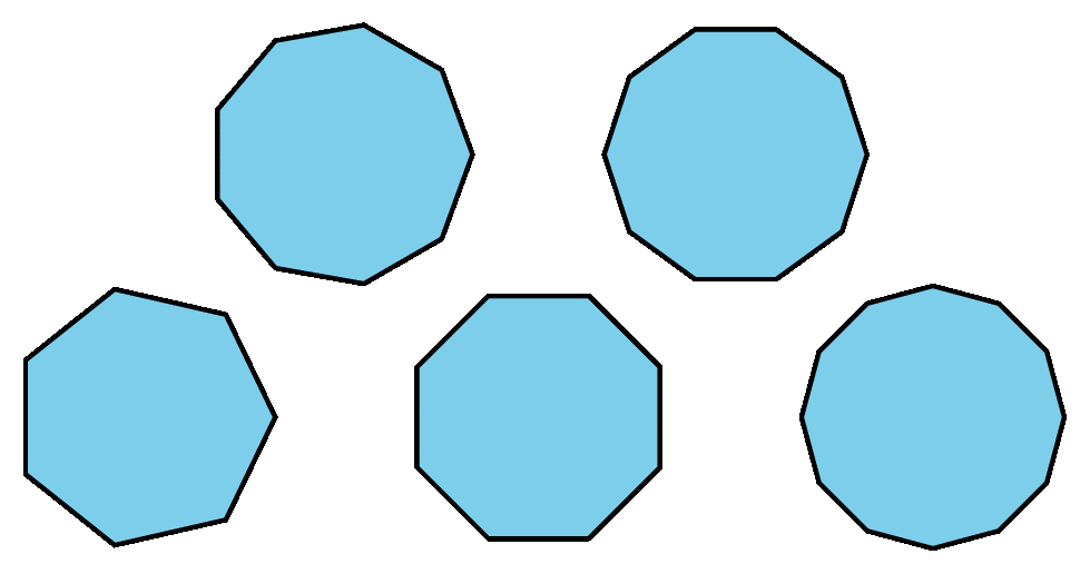 Five regular polygons. One 9-sided, one 10-sided, one 7-sided, one 8-sided, one 12-sided.