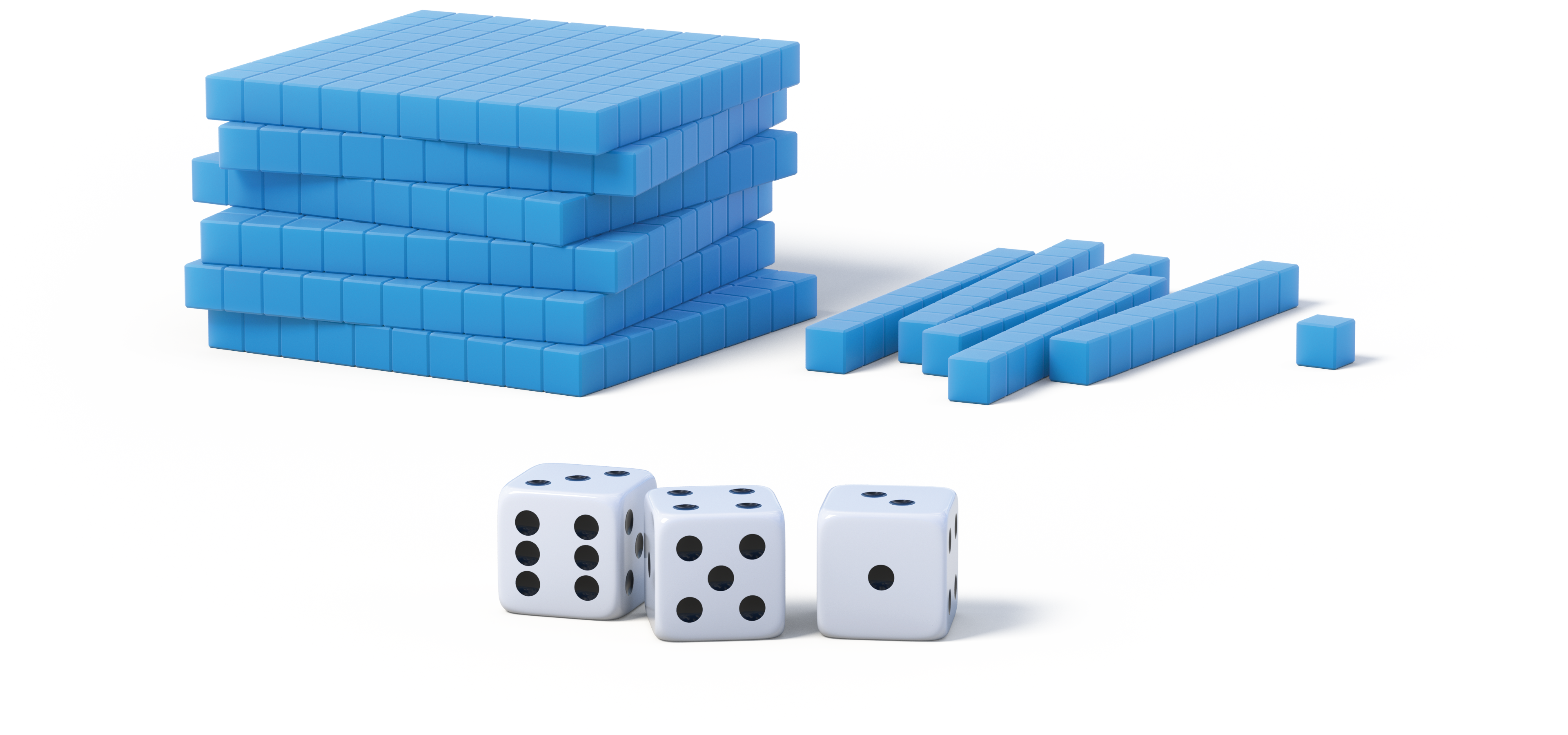 Base-ten blocks and 3 number cubes.