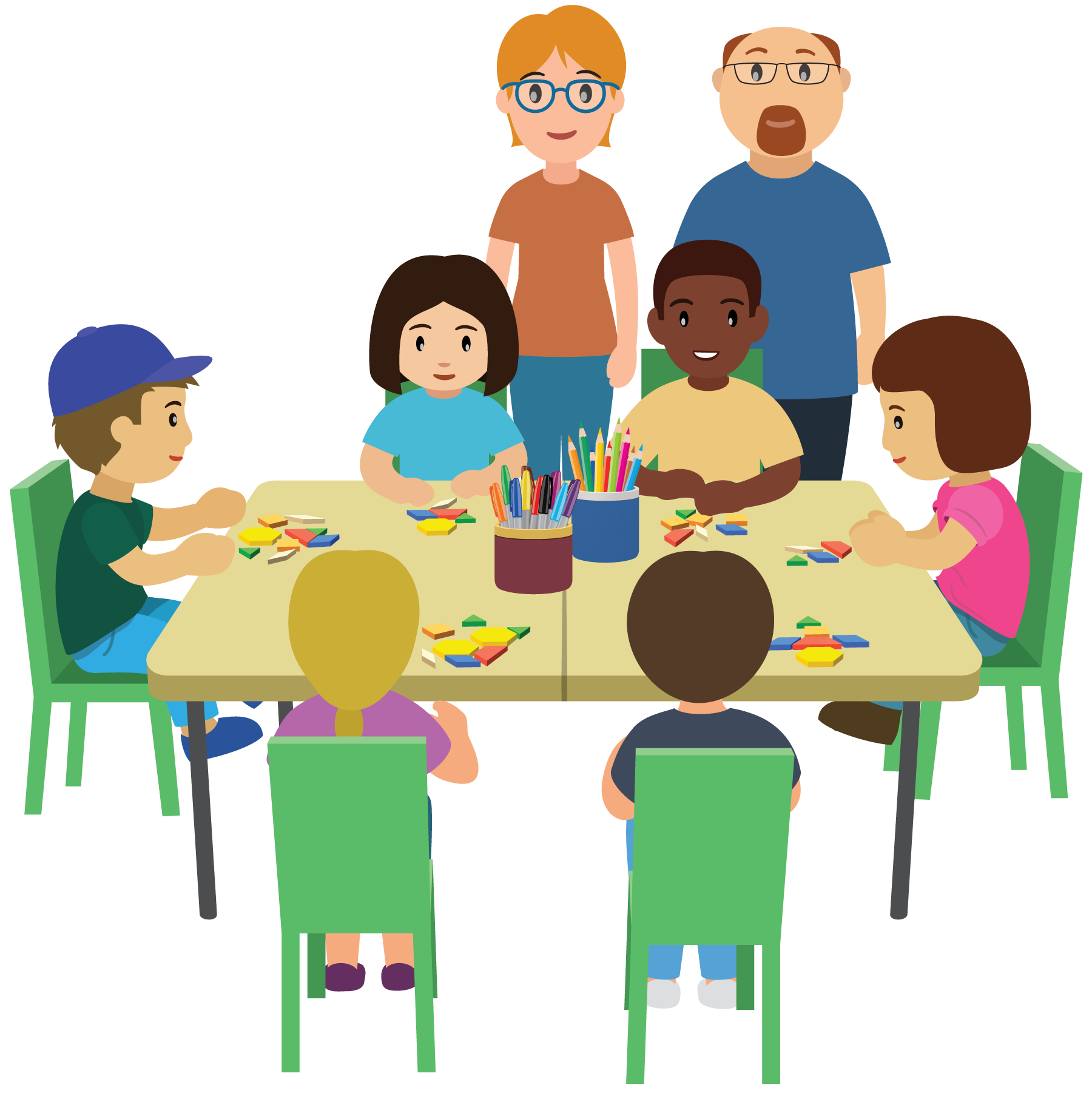 Students seated at a table with pattern blocks. Two teachers standing.