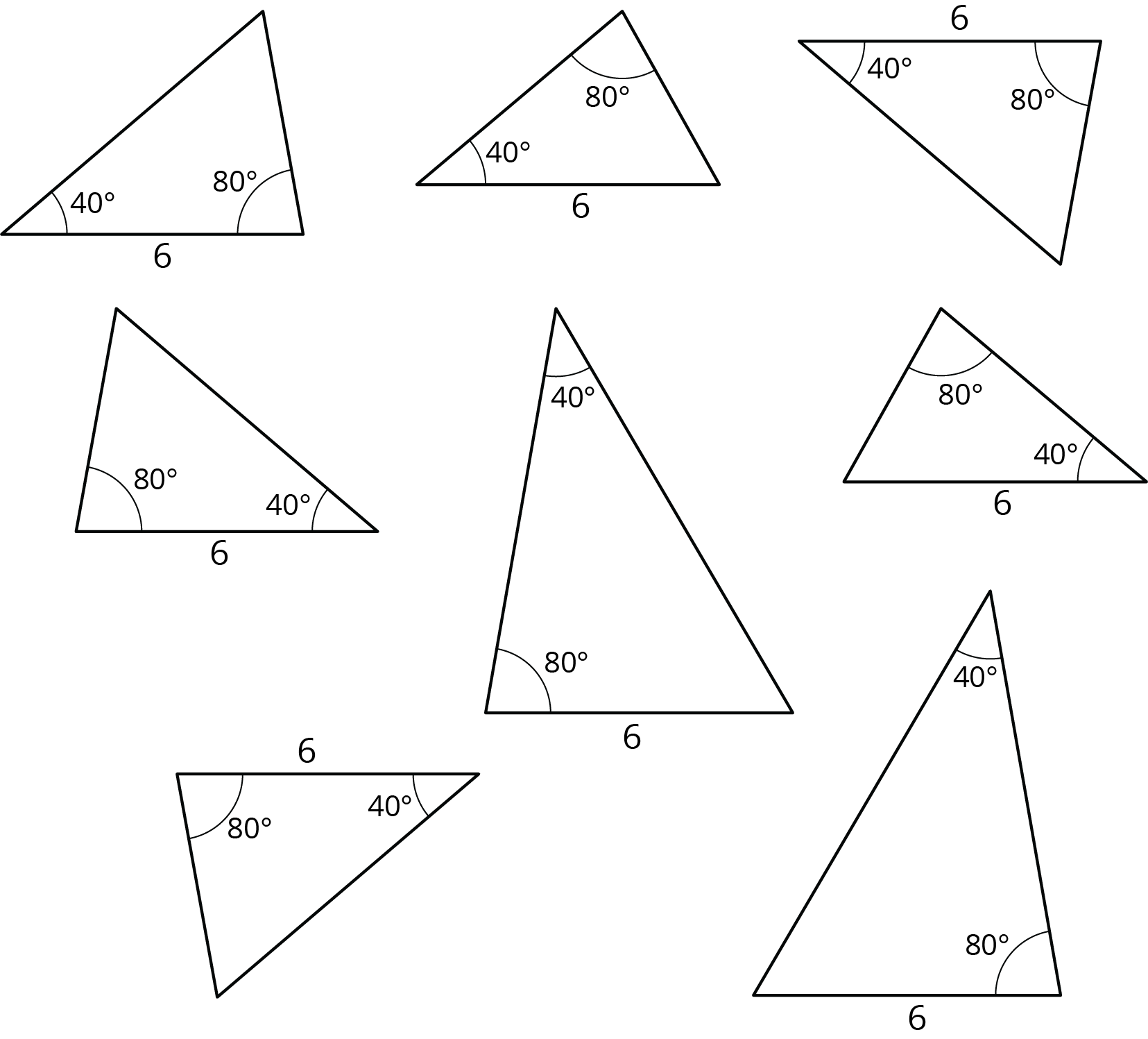 A set of 8 triangles with varied attributes. Please ask for additional assistance.