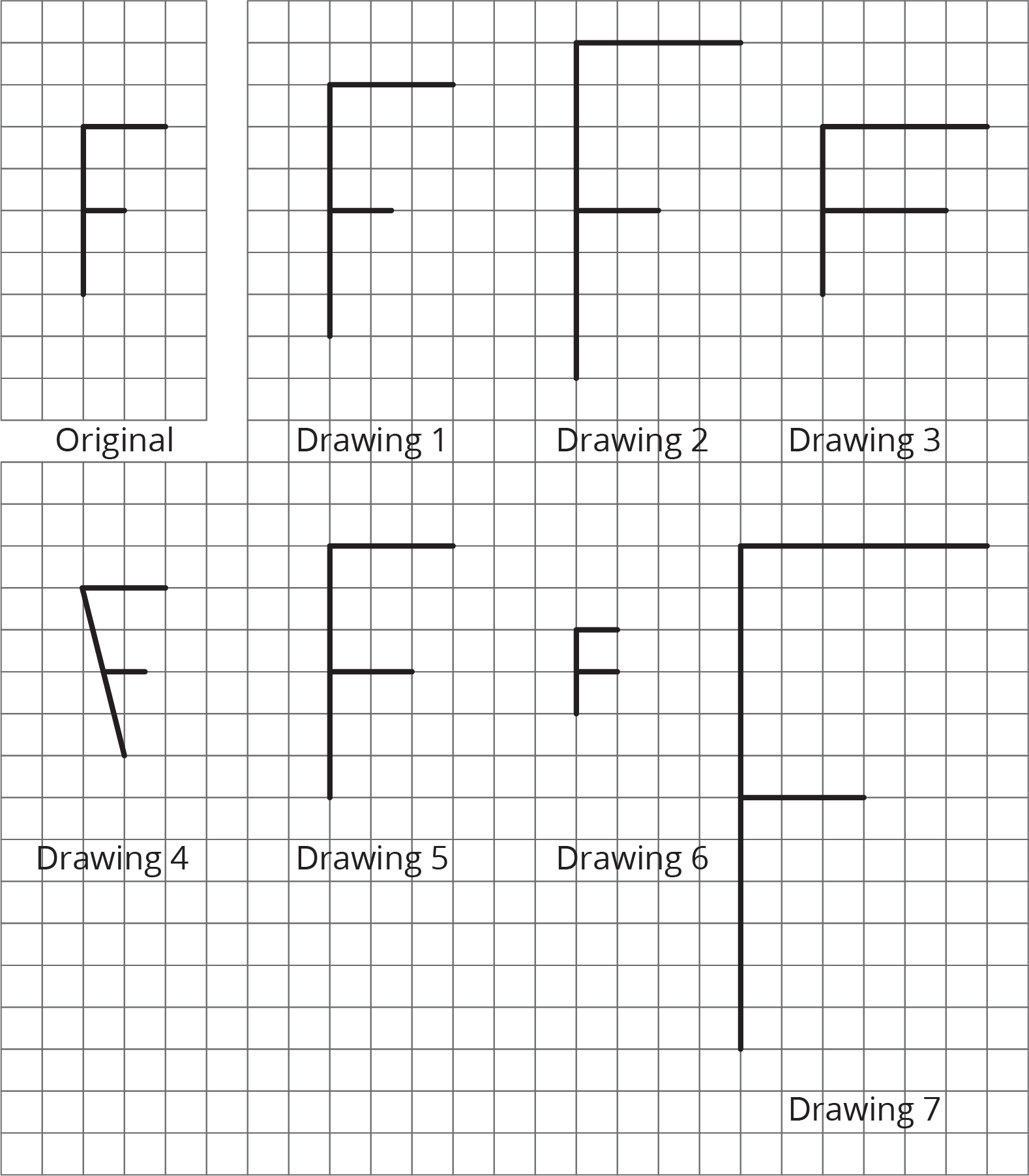 The height of the original F is 4. The length of the top prong is 2. The lower prong is 1. The prongs are 2 units apart. The 6 other drawings of F each have different dimensions.