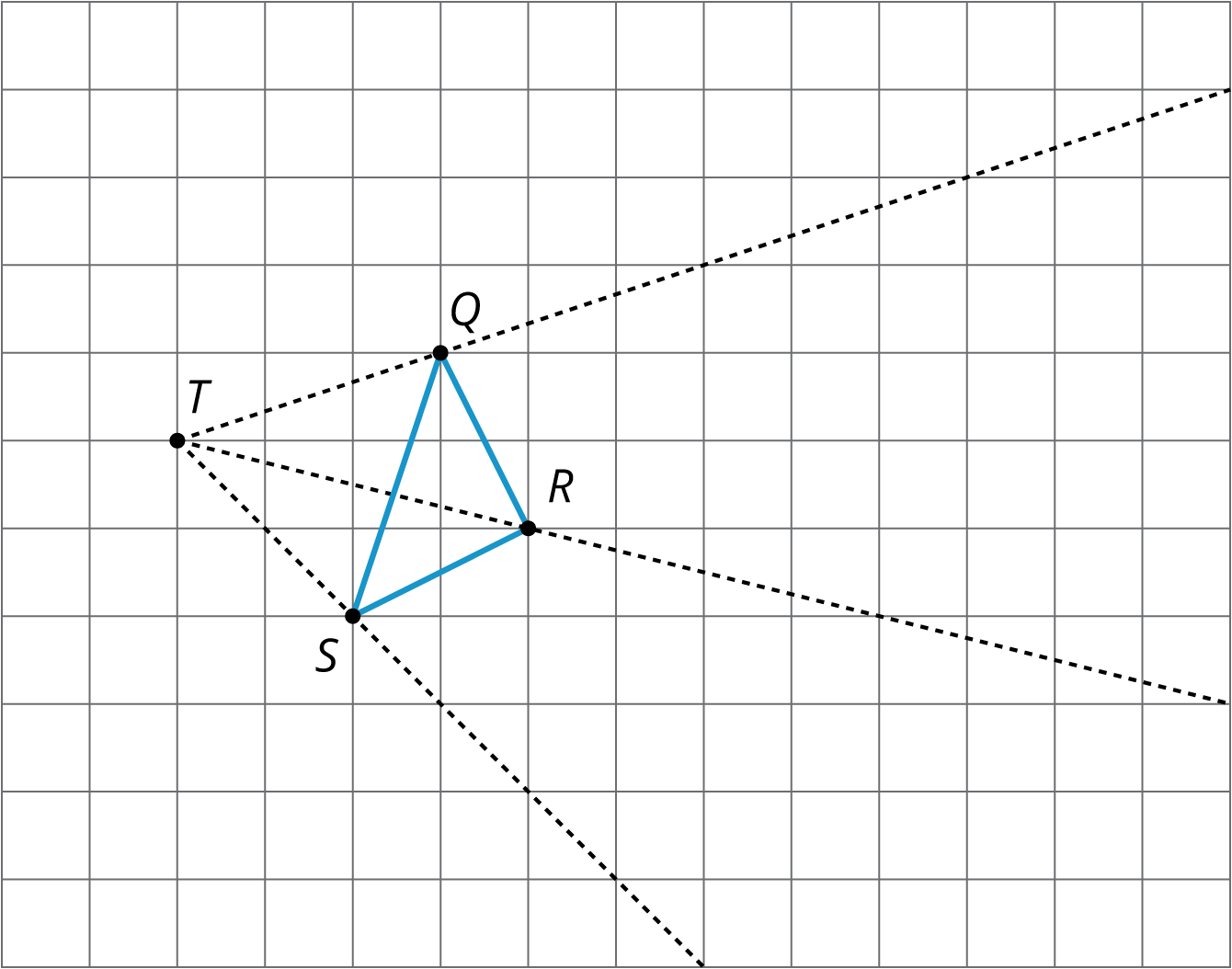 Point T, triangle Q R S and three projection rays on a square grid.