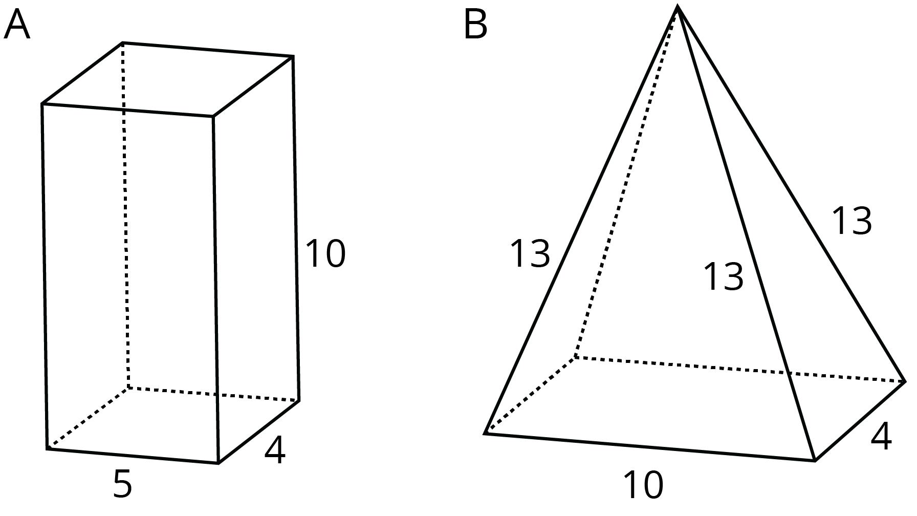 Two polyhedra labeled A and B. Polyhedron A has sides labeled 5, 4, and 10. Polyhedron B has sides labeled 4, 10, 13, 13, and 13.