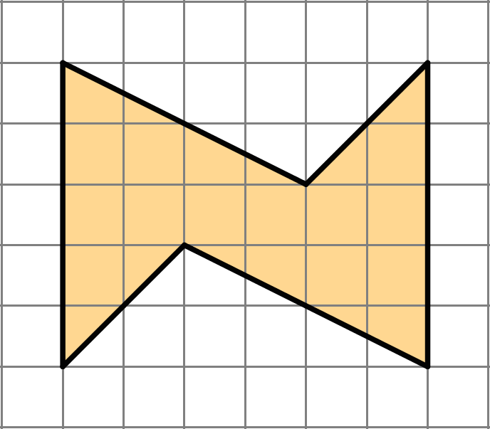 A shape with six sides. There are two vertical sides measuring five units, two angled sides that fall 2 units over 4 units and two sides that fall 2 units over 2 units.