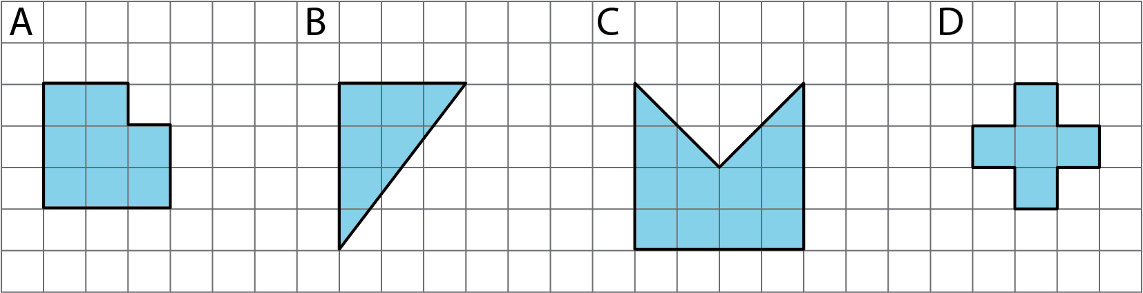 Four polygons on a grid, A, B, C, D.