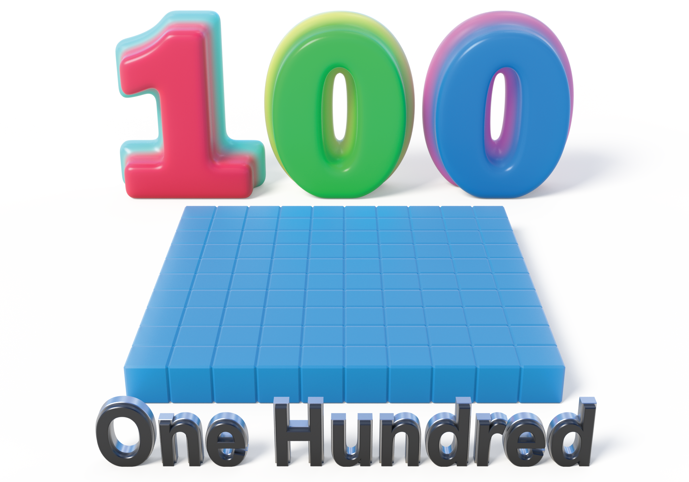 Number 100 shown in digits, base-ten blocks, and words.