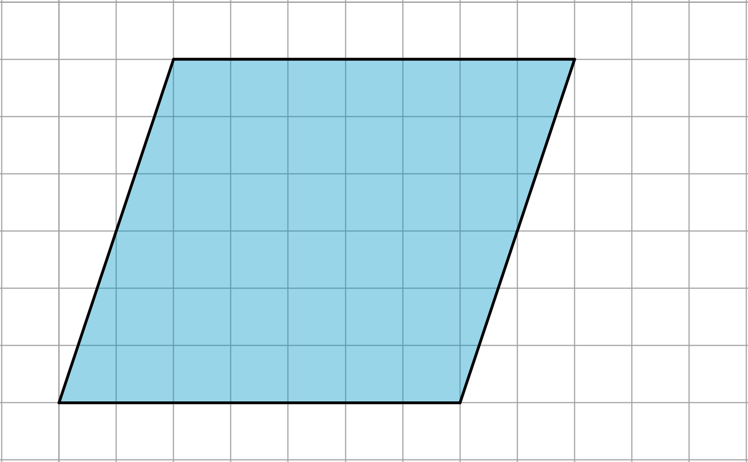 shaded parallelogram on a grid. base = 7 units, height = 6 units.