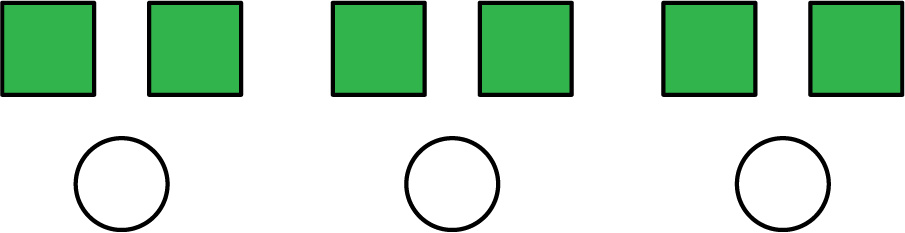 A discrete diagram of squares and circles such that the top row contains 6 squares and the bottom row contains 3 circles.