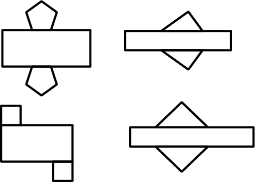 Nets for various prisms. First has a pentagonal base, one has a square base, two have triangular bases. Ask for additional assistance.