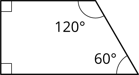 Trapezoid \(A\ B\ C\ D\). Upper and lower sides are parallel. Upper and lower left angles are right angles. Upper right angle is 120 degrees and lower right angle is 60 degrees.