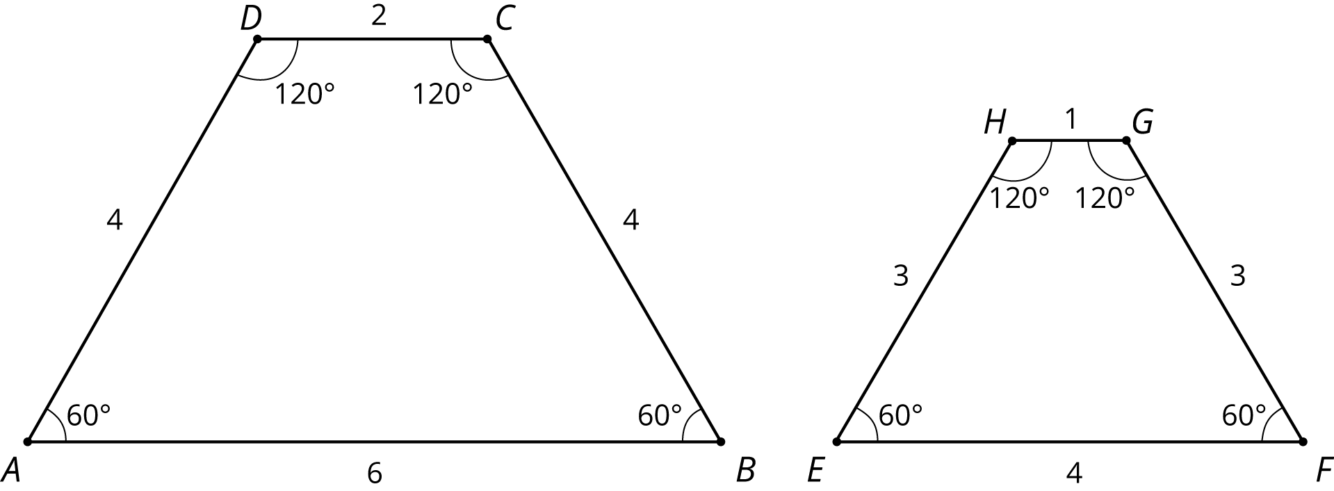 2 trapezoids with side lengths and angle measurements provided