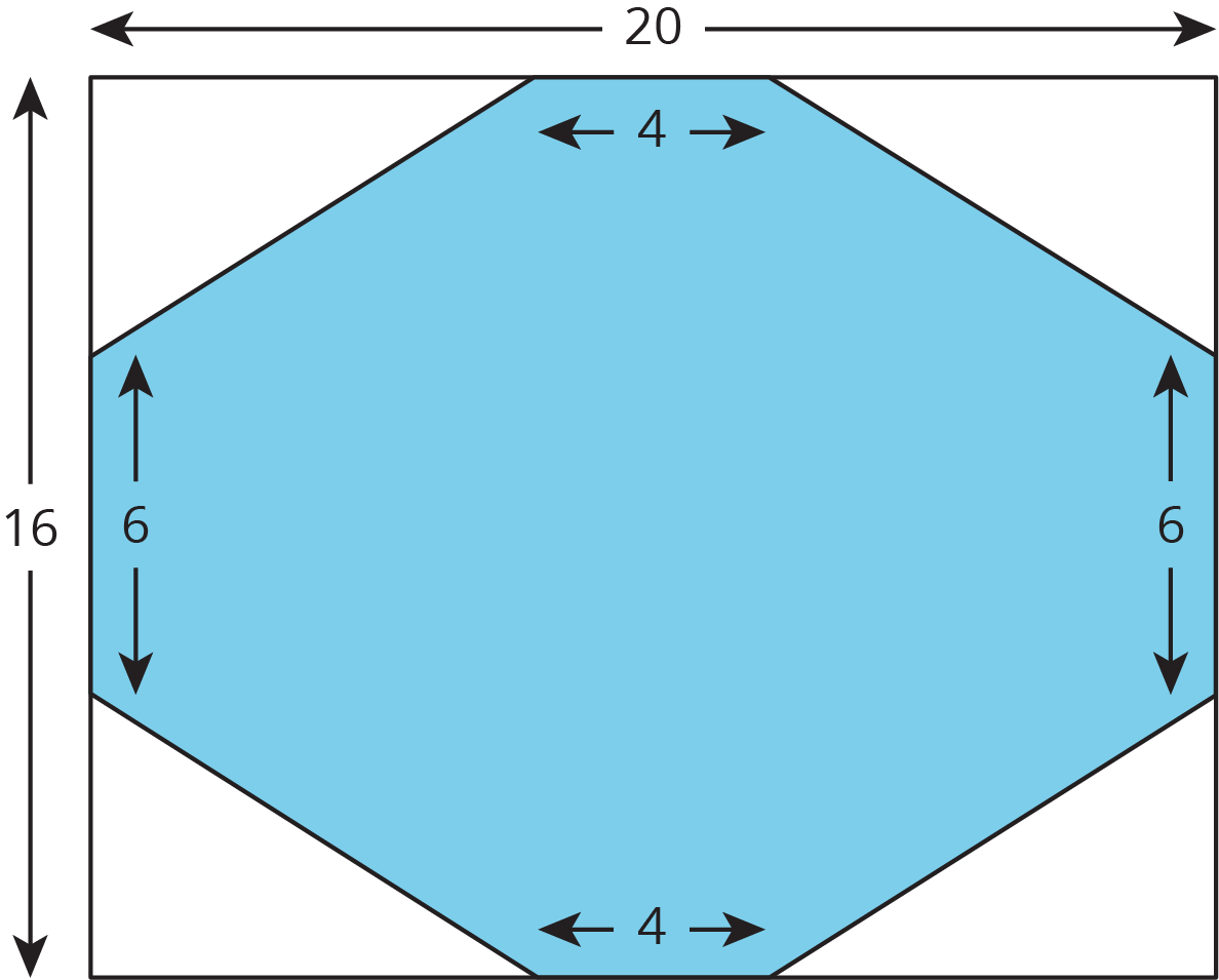 A rectangle with length 20 and width 16. Cut of blue diamond shape inside rectangle. Top length 4, right side 6, bottom 4, left side 6.