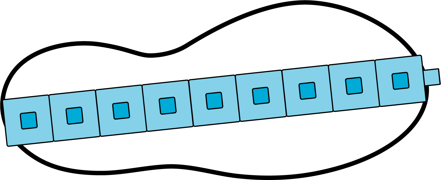 Outline of a shoe. Inside from toe to heel, 9 connecting cubes in a tower.