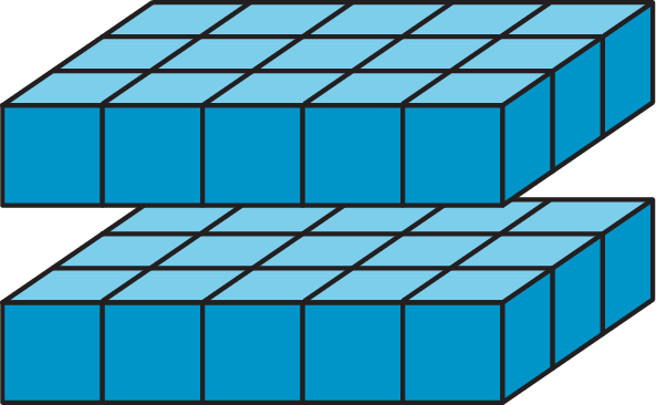 Two layers of unit cubes. Each layer has edge lengths of 1 unit, 3 units, and 5 units. The figure is labeled 2 times 3 times 5.