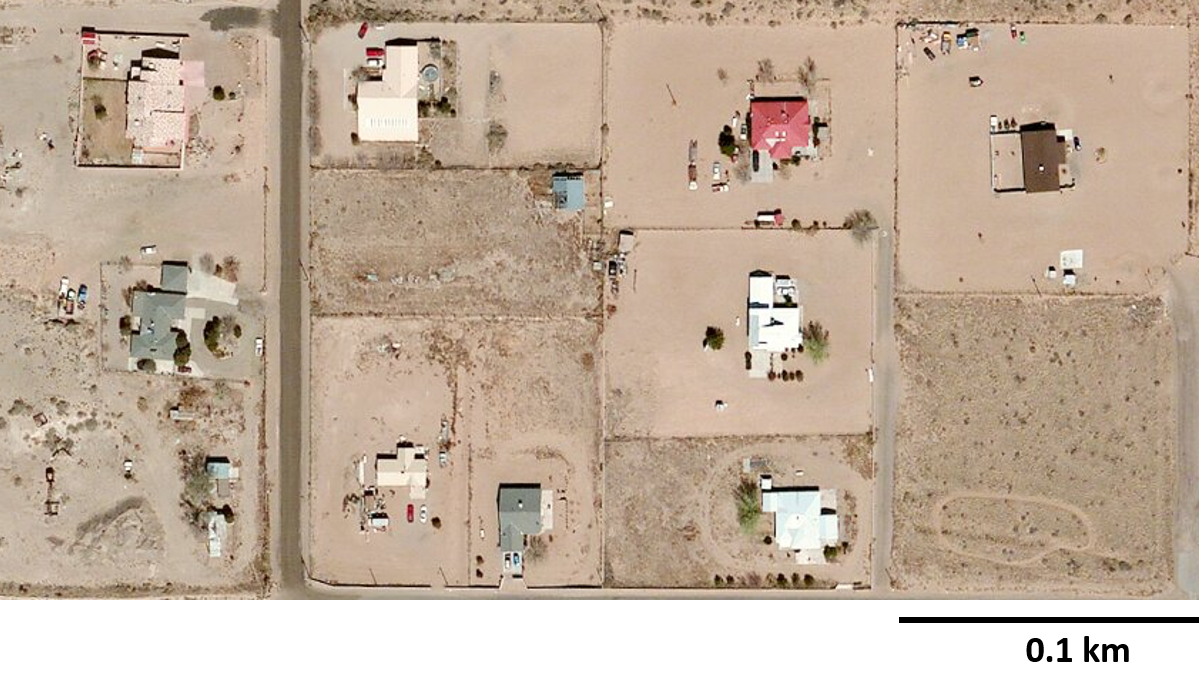 An aerial image of a neighborhood.