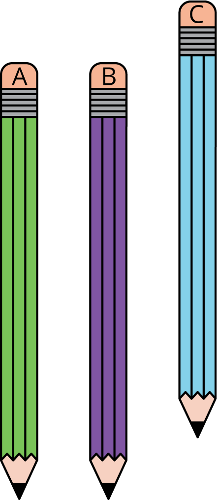 3 pencils, labeled A, B, and C. Pencils A and B are lined up at the top and bottom.