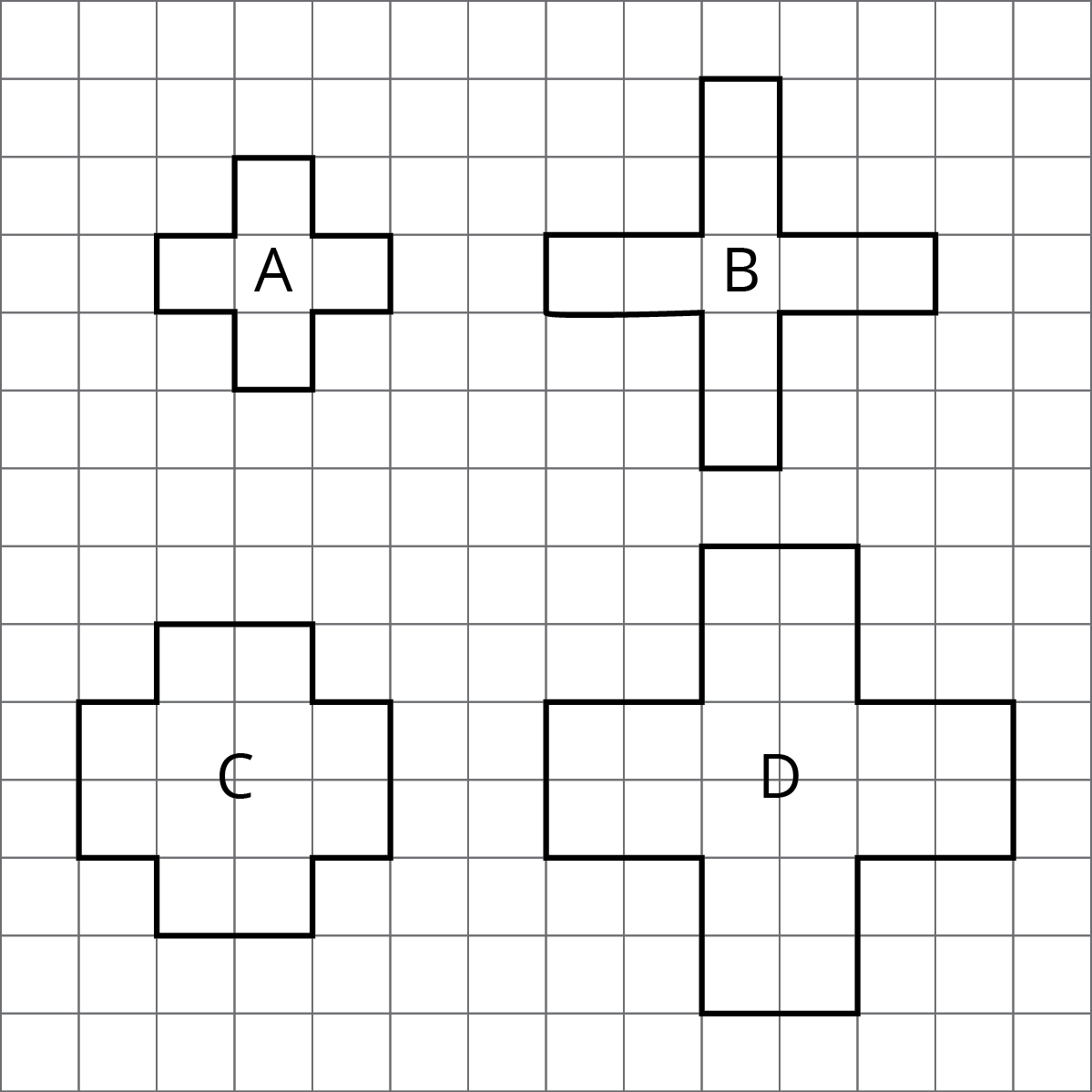 Four shapes that look like plus signs labeled A,B,C,D on a grid.