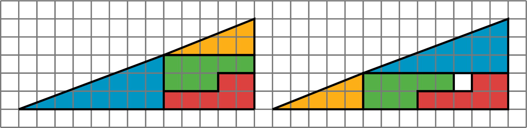 2 right triangles on a grid partitioned into red, blue, yellow, and green parts. For each, base = 13, height= 5, area= the fraction 65 over 2
