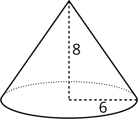 A right circular cone with a height of 8 and a radius of 6.