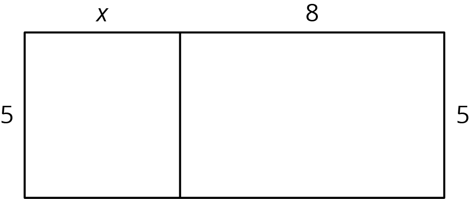 Rectangle diagram. The first rectangle has a height of 5 and width of x. Attached is a second rectangle with the same height and width of 8.