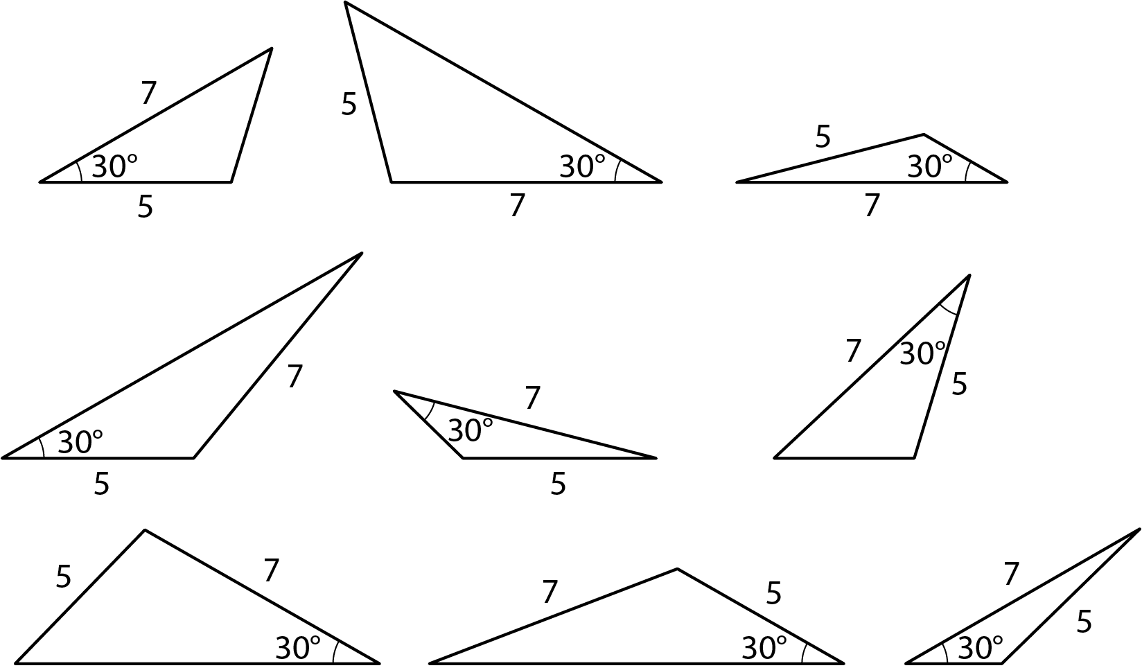 As set of 9 triangles with some common angles and side. Please ask for assistance.
