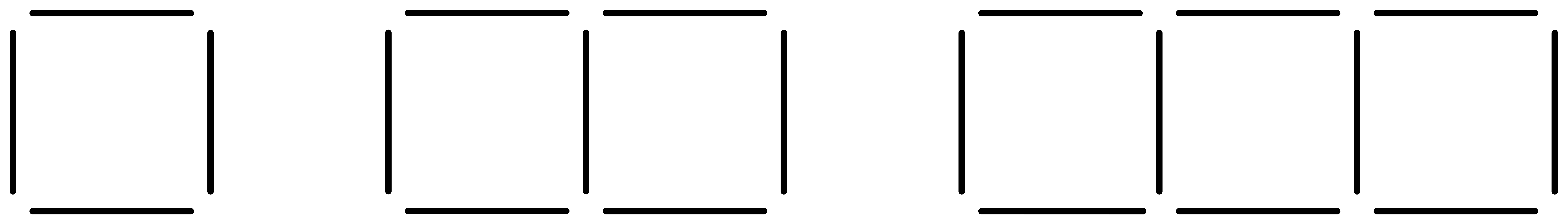 Three figures. A square formed by 4 toothpicks. Two squares formed by 7 toothpicks. Three squares formed by 10 toothpicks.