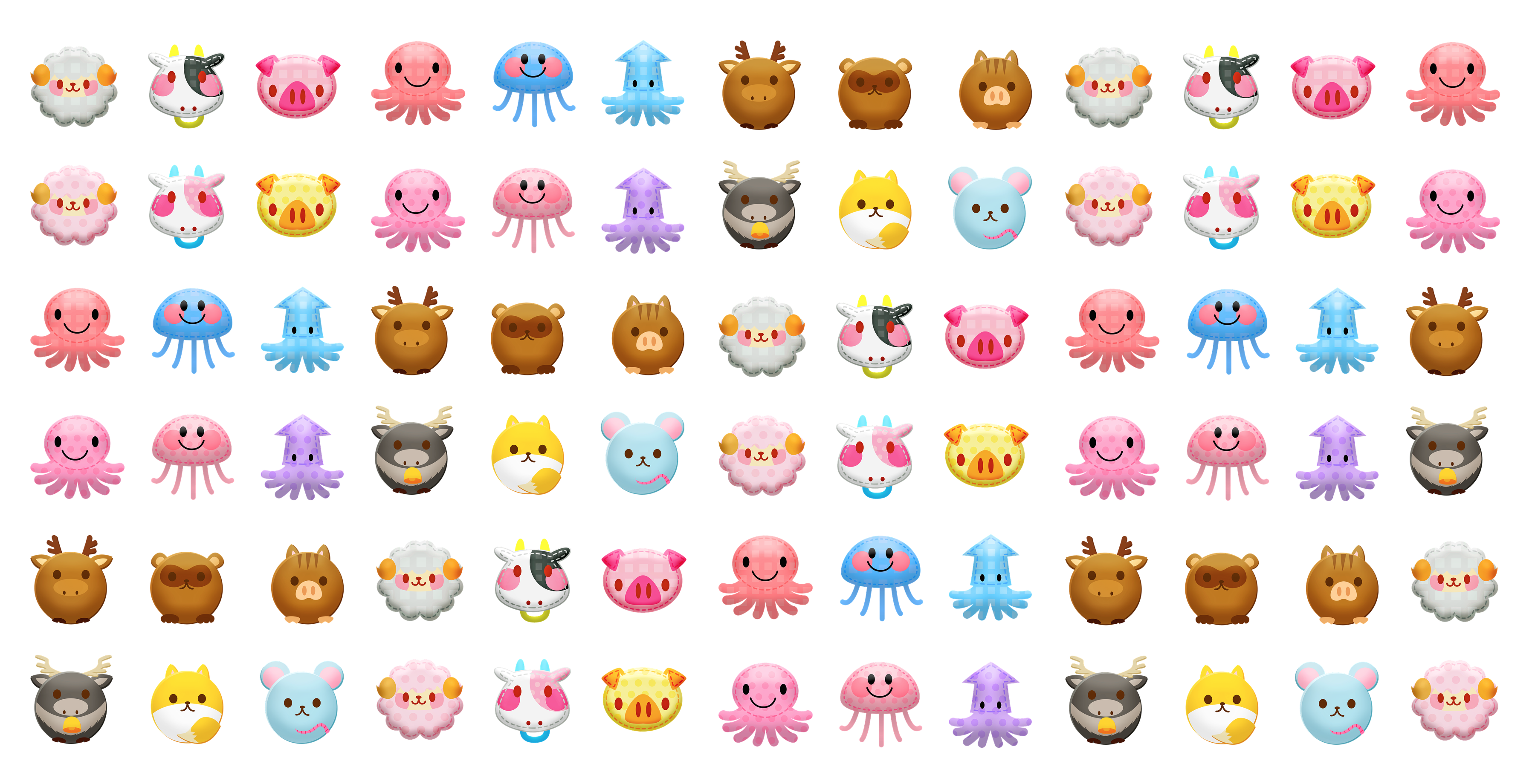 image of a set of stickers. There are 6 rows of 13 different sticker types.