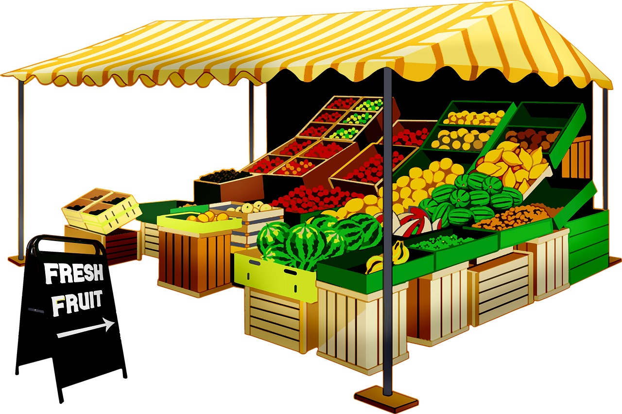 Fruit stand. Sign with an arrow.