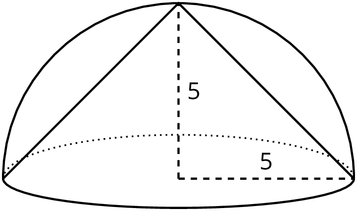 A cone fits snugly inside a hemisphere. The base of the cone is the flat surface of the hemisphere. The height of the cone is the radius of the hemisphere, which is 5 units.
