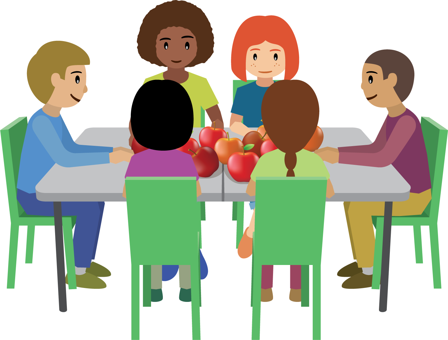 Students seated at a table with apples.