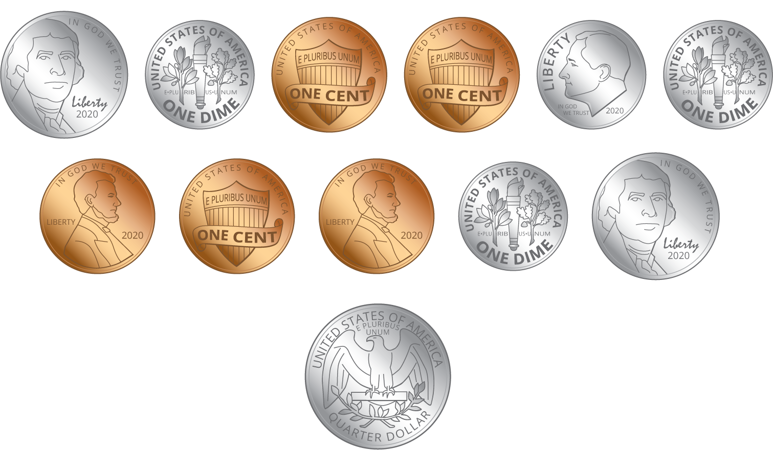 1 quarter, 4 dimes, 2 nickels, 5 pennies.