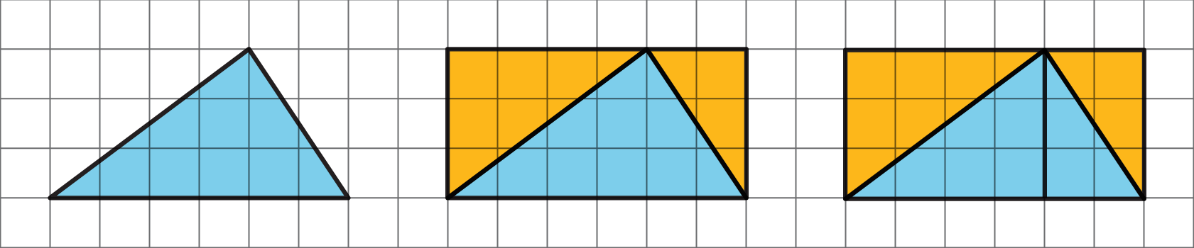 Triangle drawn 3 times on grid. Base = 6, height = 3. In middle rectangle drawn around triangle. On right height drawn.