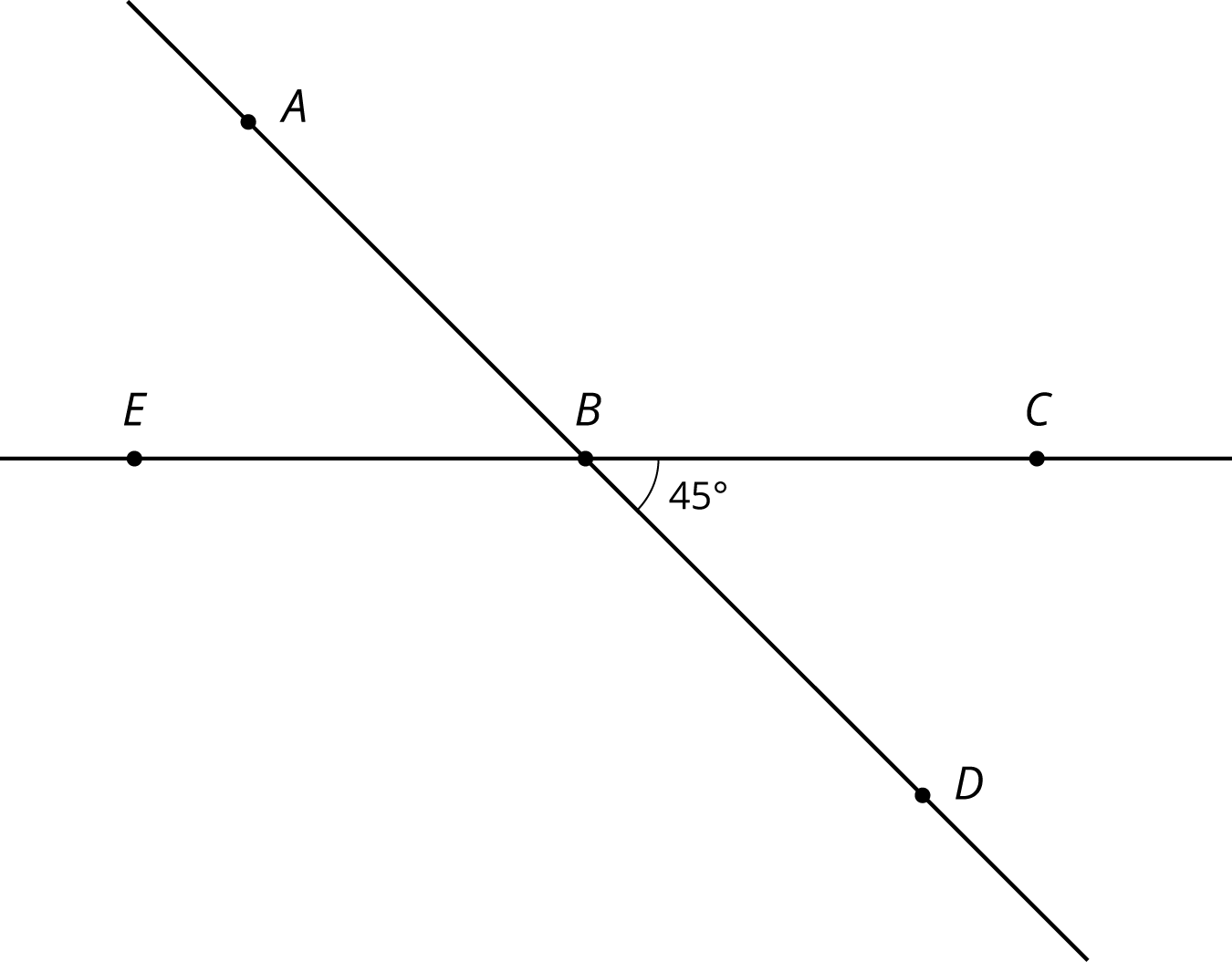 Two lines, line E C and line A D, that intersect at point B. Angle C B D is labeled 45 degrees.