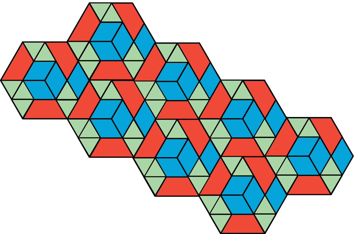 A figure made up of a series of red trapezoids, blue rhombuses, and green triangles arranged into 8 hexagons.
