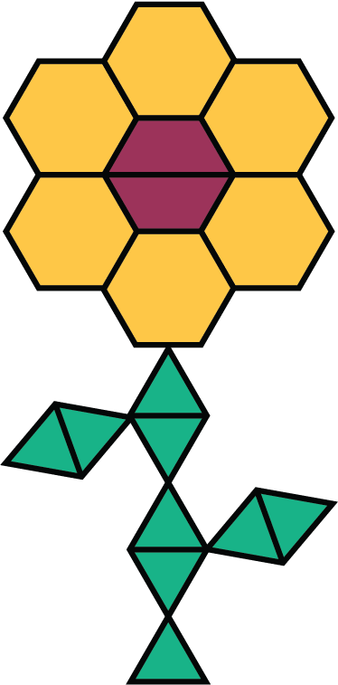 A figure that contains 6 yellow hexagons, 2 red trapezoids, and 9 green triangles.