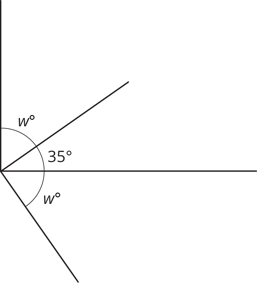 Two angles, w degrees and 35 degrees, appear to be complementary. Another angle, w degrees, is adjacent to the 35 degree angle.