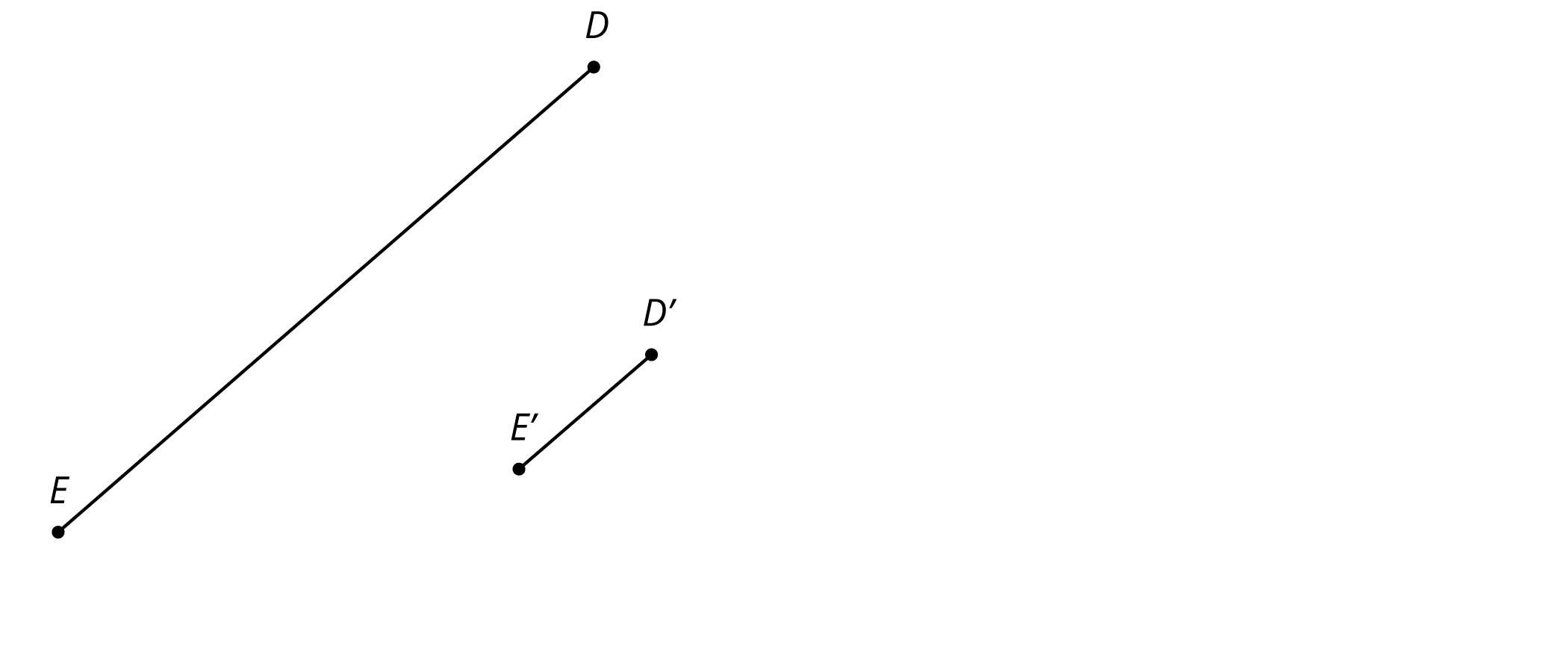 Line segment D E and its image D prime E prime under a dilation. D E and D prime E prime appear to be parallel and D E is four times longer than D prime E prime.