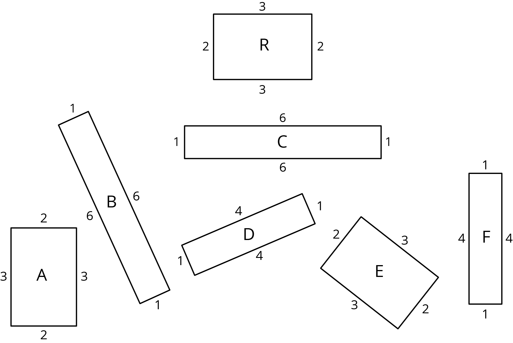Three sets of matching rectangles. Rectangles A, E and R are 2 units by 3 units. Rectangles B and C are 1 unit by 6 units. Rectangles D and F are 1 unit by 4 units.