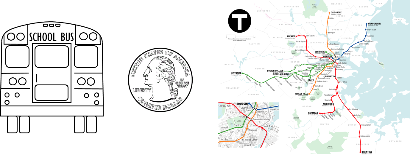 Three scale drawings of the rear of a school bus, a quarter, and subway lines.