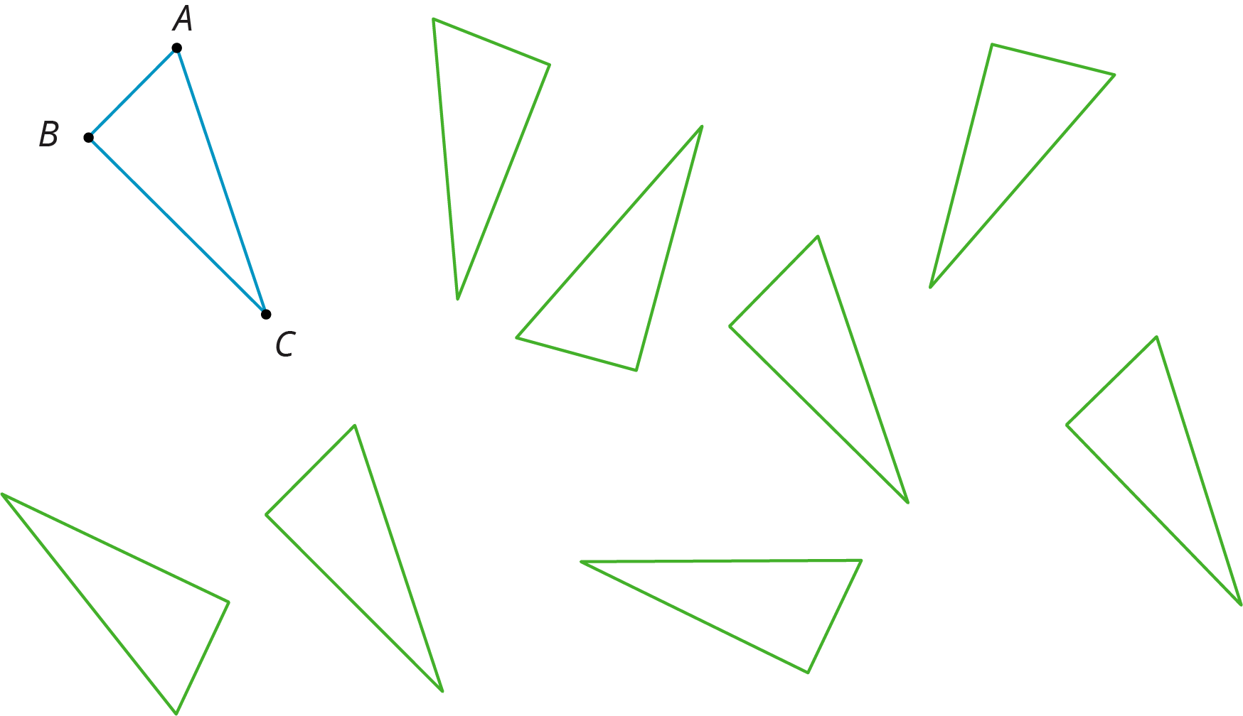 Blue triangle A B C and 8 unlabeled images of green triangles. 3 of the images are translations and others are different transformations.