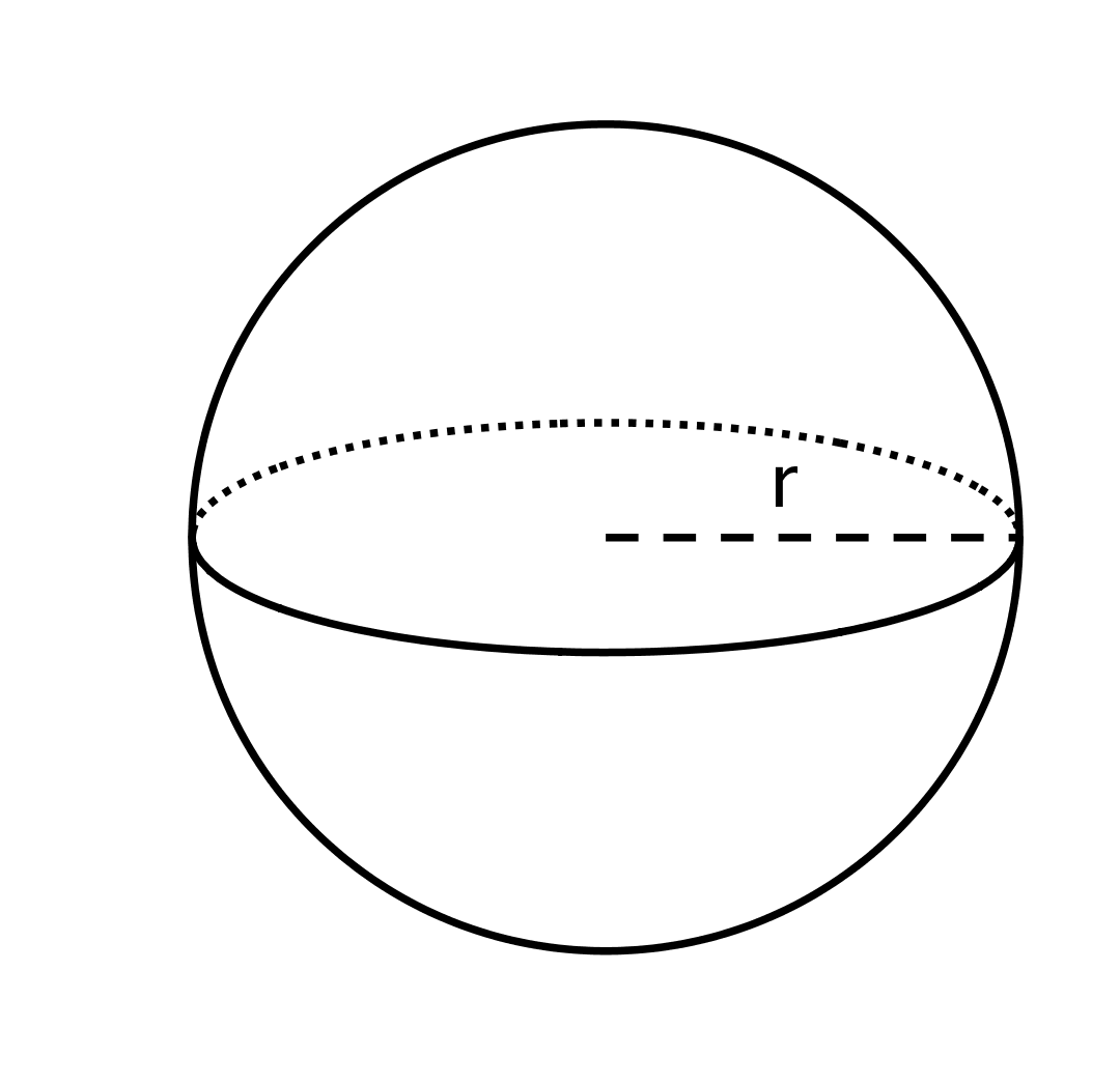 A sphere. A dashed line is drawn from the center of the sphere to the edge of the sphere and is labeled "r."