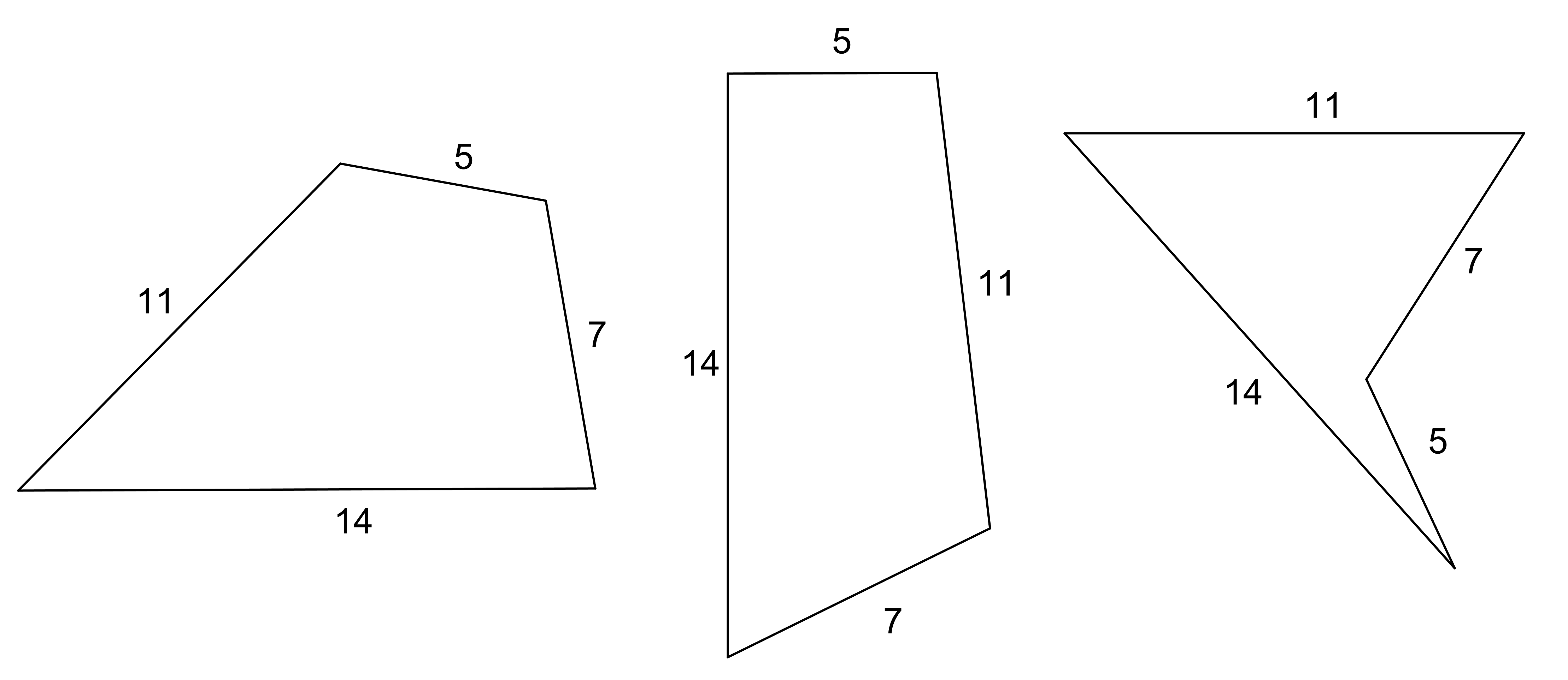 Three quadrilaterals. First, sides 11, 5, 7, 14. Second, sides 11, 7, 14, 5. Third, a convex quadrilateral, sides 11, 7, 5, 14. Please ask for further assistance.
