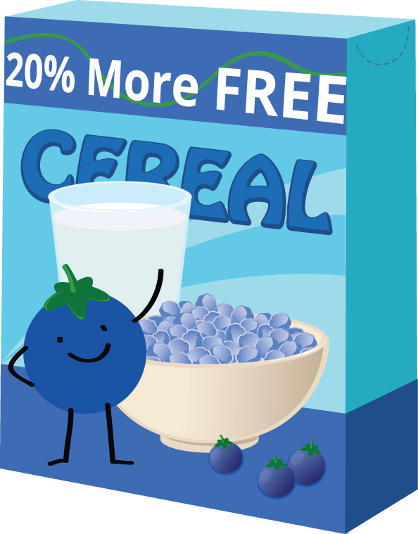 Picture of a cereal box with the label "20% more free" on the box.