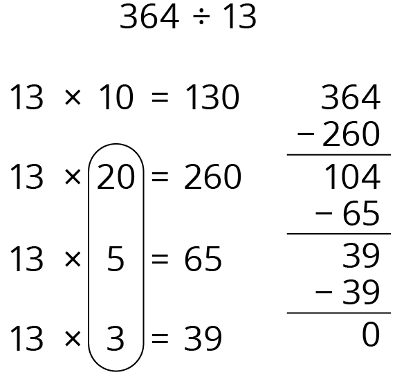 divide. three hundred sixty four divided by 13. With two image underneath.