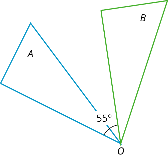 Two trianges, A and B. Triangle A rotated by 55 degrees clockwise gets Triangle B.