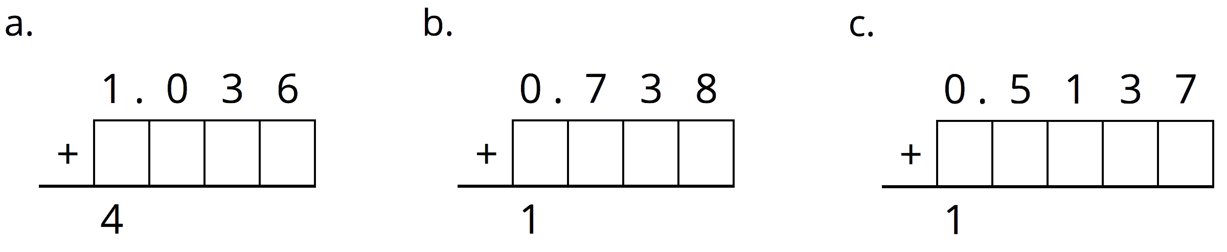 3 calculations with missing digits, a, b, and c.